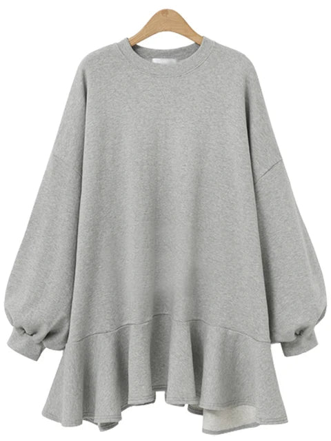 Solid Dress For Women Round Neck Lantern Sleeve Patchwork Ruched Minimalist Mini Dresses Female Spring Clothes New