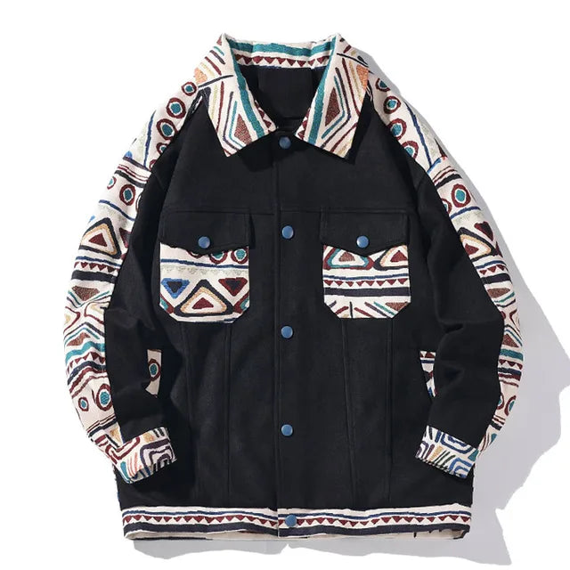 Hip Hop Oversized Varsity Jackets Men Harajuku Bohemian Unique Pattern Printed Patchwork Multi-pockets Lapel Casual Coats Unisex