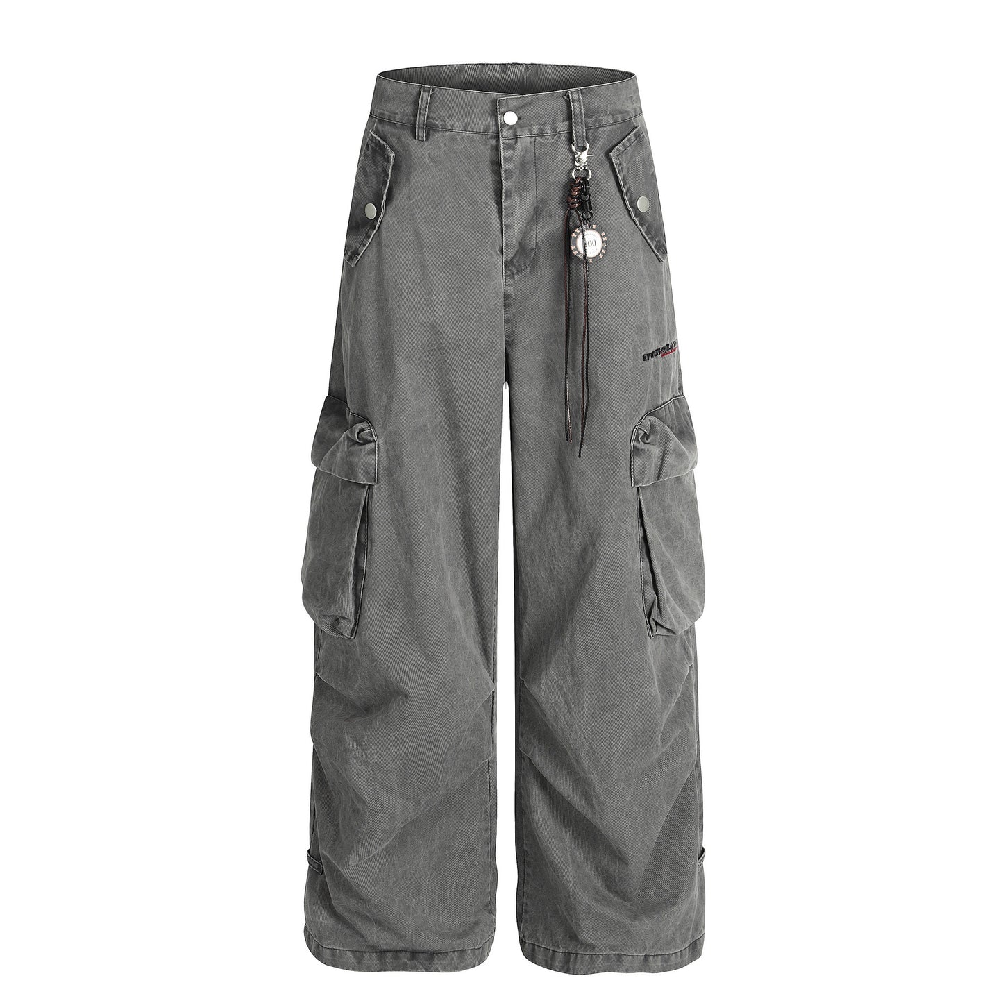 Street Style Embroidered Washed Cargo Pocket Denim Long Pants
