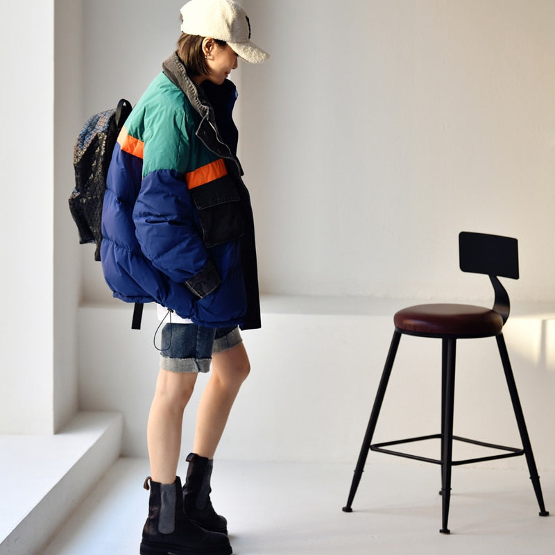 Korean Casual Neutral Stitching Color Cowboy stitching  loose  Standing Collar White Duck Down Jacket