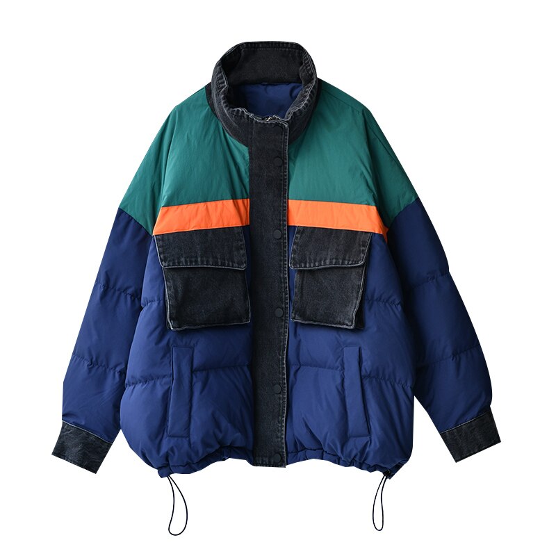 Korean Casual Neutral Stitching Color Cowboy stitching  loose  Standing Collar White Duck Down Jacket