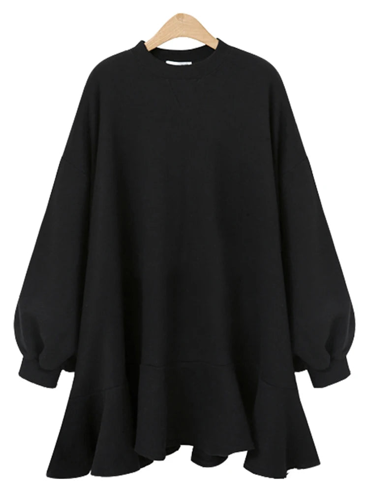 Solid Dress For Women Round Neck Lantern Sleeve Patchwork Ruched Minimalist Mini Dresses Female Spring Clothes New