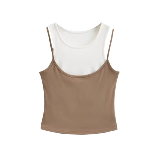 Fake two contrasting round neck sleeveless tank tops