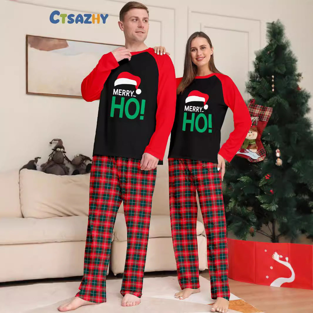 Family Christmas Pajama Set with HO Letter Plaid Print Matching Parent-Child Sleepwear, Holiday Hat Included