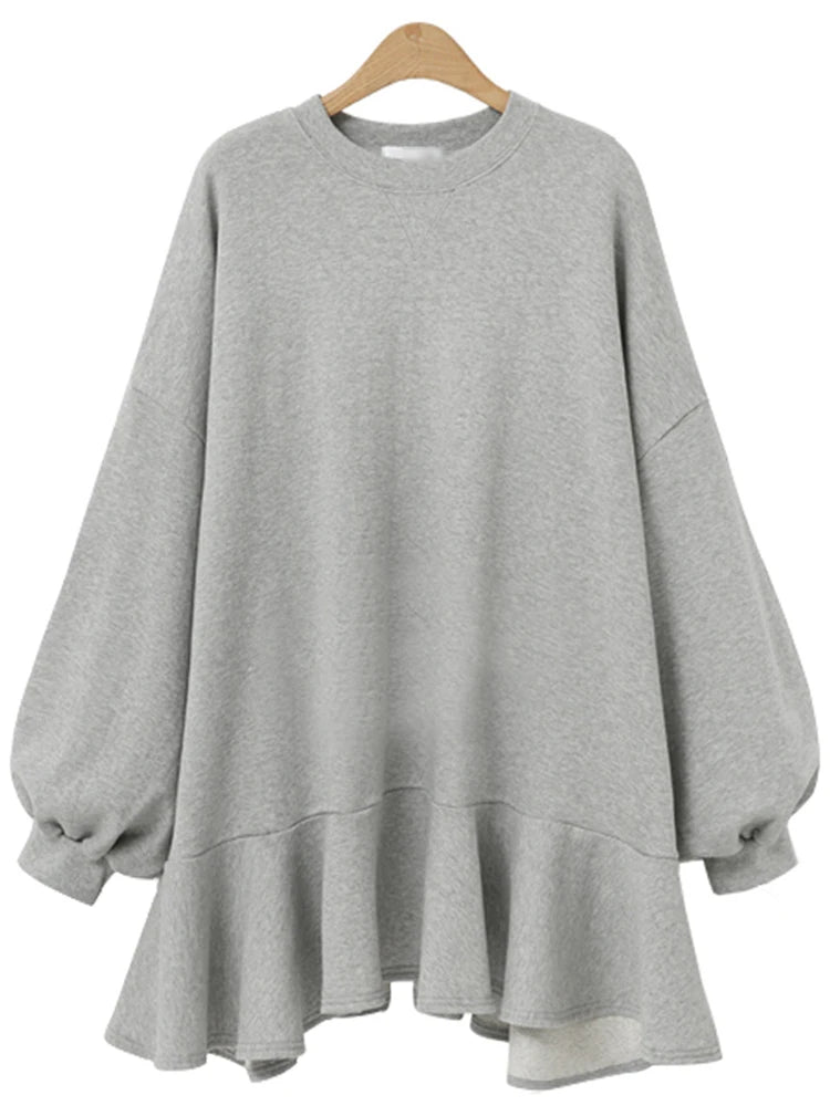 Solid Dress For Women Round Neck Lantern Sleeve Patchwork Ruched Minimalist Mini Dresses Female Spring Clothes New