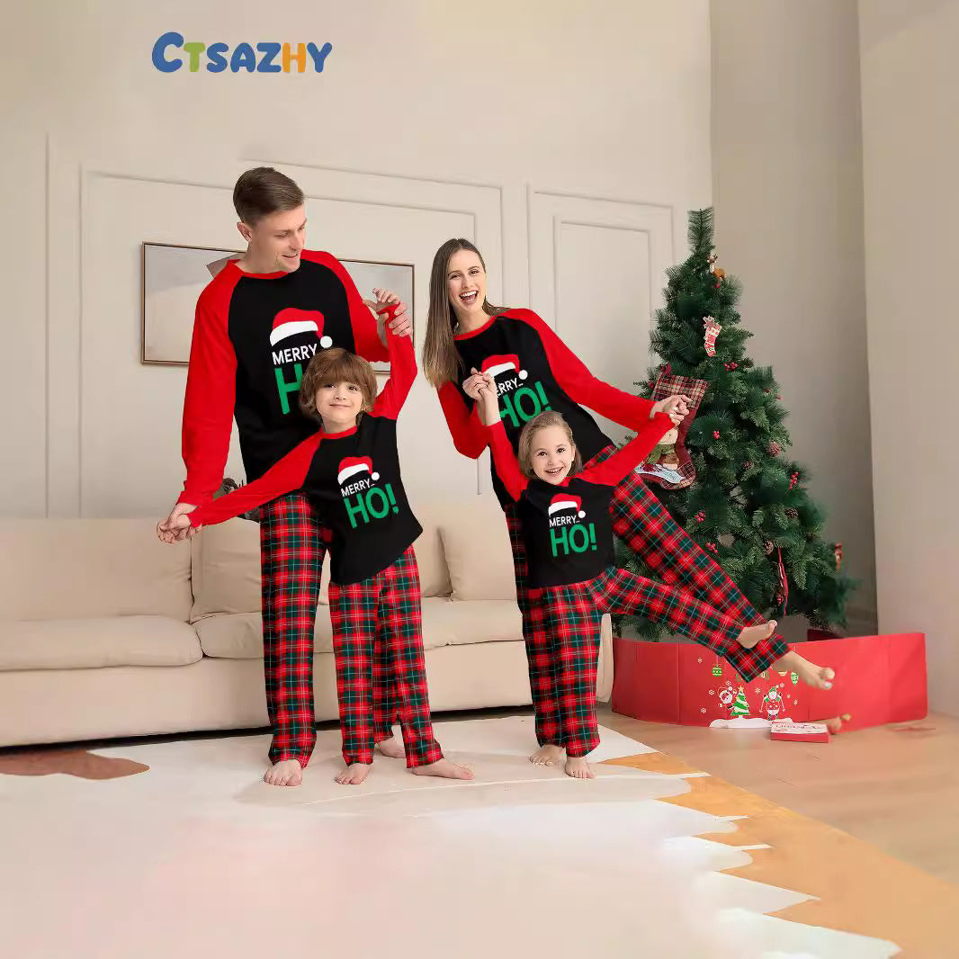 Family Christmas Pajama Set with HO Letter Plaid Print Matching Parent-Child Sleepwear, Holiday Hat Included