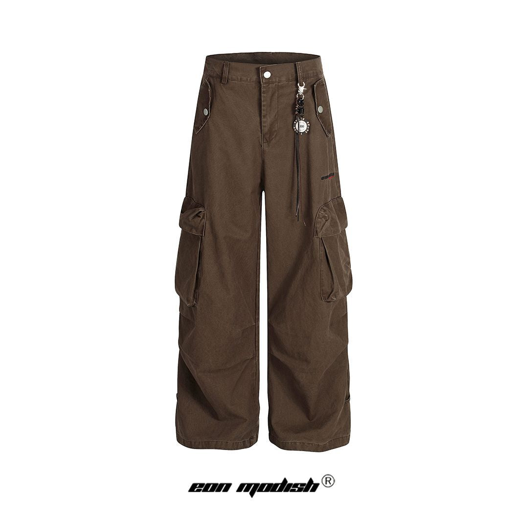Street Style Embroidered Washed Cargo Pocket Denim Long Pants