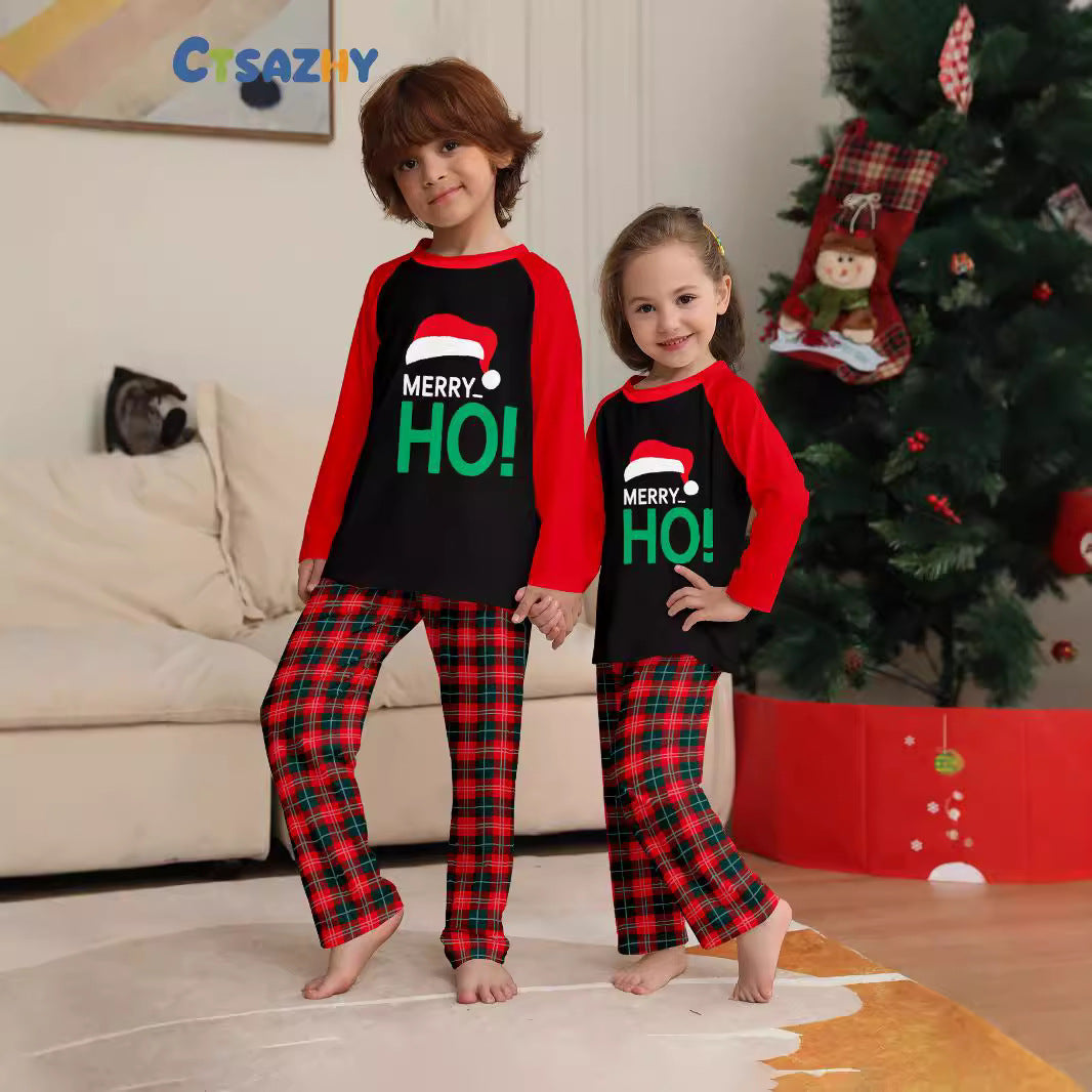 Family Christmas Pajama Set with HO Letter Plaid Print Matching Parent-Child Sleepwear, Holiday Hat Included