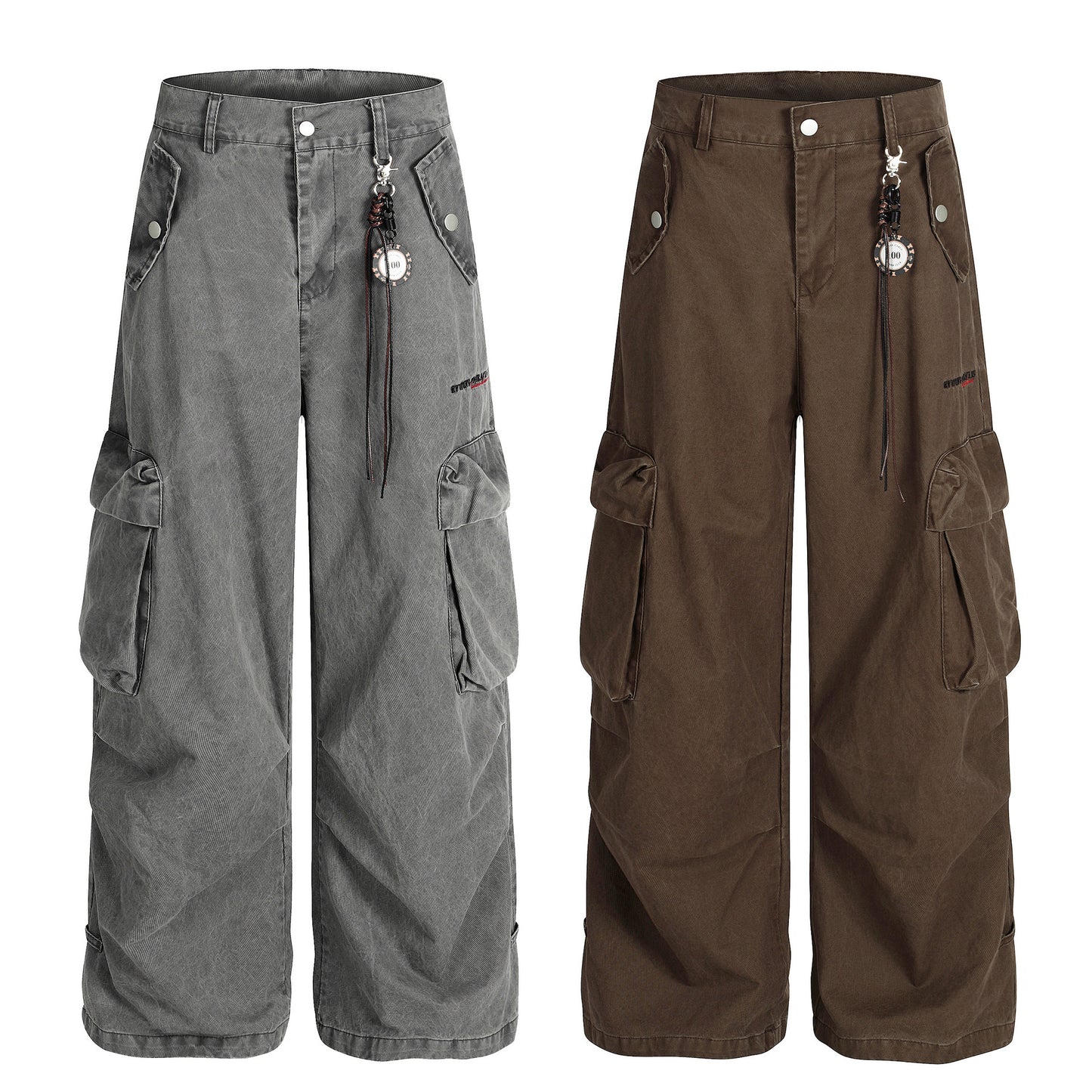 Street Style Embroidered Washed Cargo Pocket Denim Long Pants