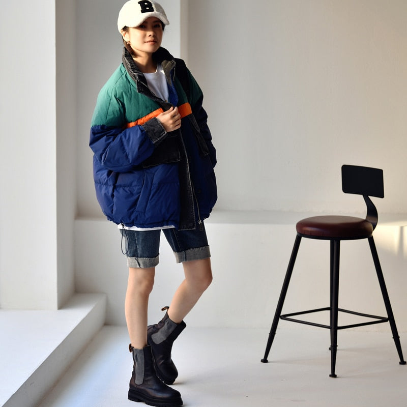 Korean Casual Neutral Stitching Color Cowboy stitching  loose  Standing Collar White Duck Down Jacket