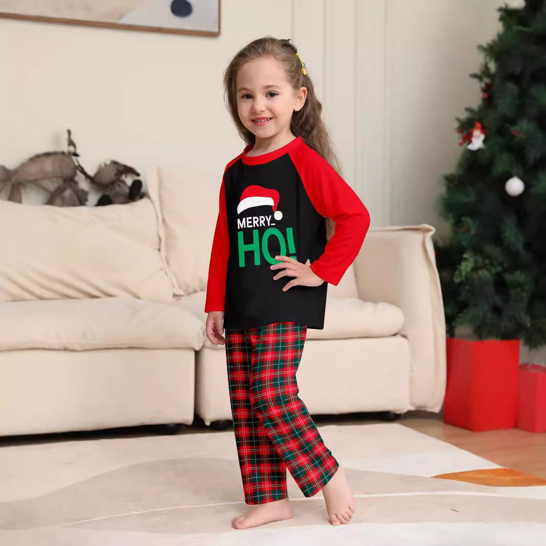 Family Christmas Pajama Set with HO Letter Plaid Print Matching Parent-Child Sleepwear, Holiday Hat Included