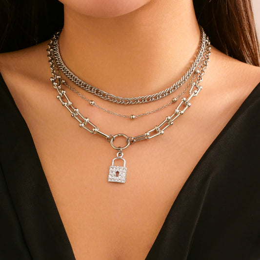 Multi layer stacked metal chain punk necklaces, niche minimalist full diamond mixed lock necklace