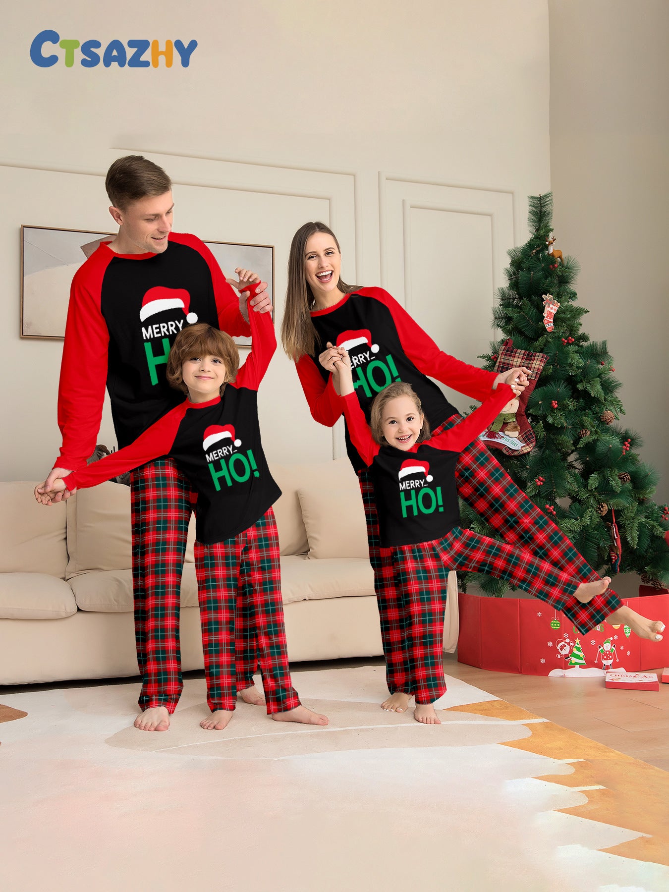 Family Christmas Pajama Set with HO Letter Plaid Print Matching Parent-Child Sleepwear, Holiday Hat Included